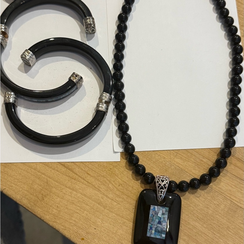 Jay King black Agate Micro Opal necklace bracelet earrings set - Picture 7 of 8